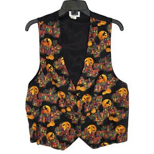 Vintage Halloween Vest Womens Medium Large Haunted Houses Pumpkins Witch USA 90s